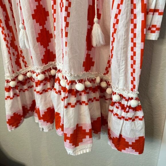 Bindu White Pink Red Boho Aztec Print 100% Cotton Mini Dress - Size L - EUC - Picture 8 of 9